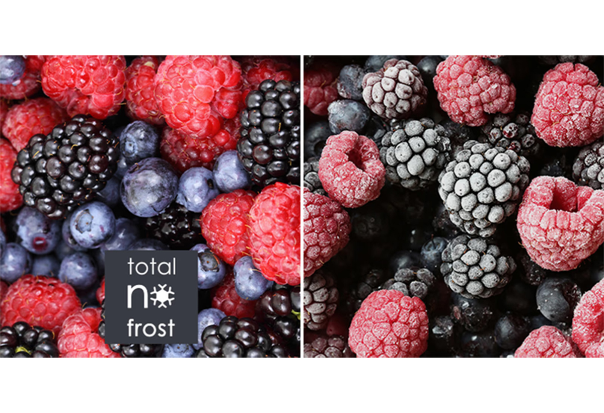 Απεικονίζονται φρούτα με και χωρίς τη λειτουργία Total No Frost.